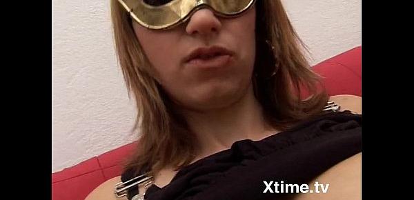  Amateur cute woman with mask jerks off her pussy